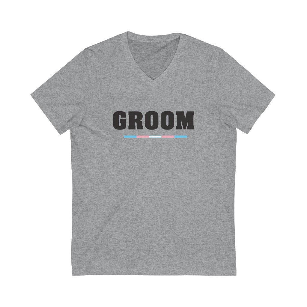 Wedding Day Athletic Heather Grey V-Neck Tshirt with GROOM in Black Block Letters - Transgender Pride Underline