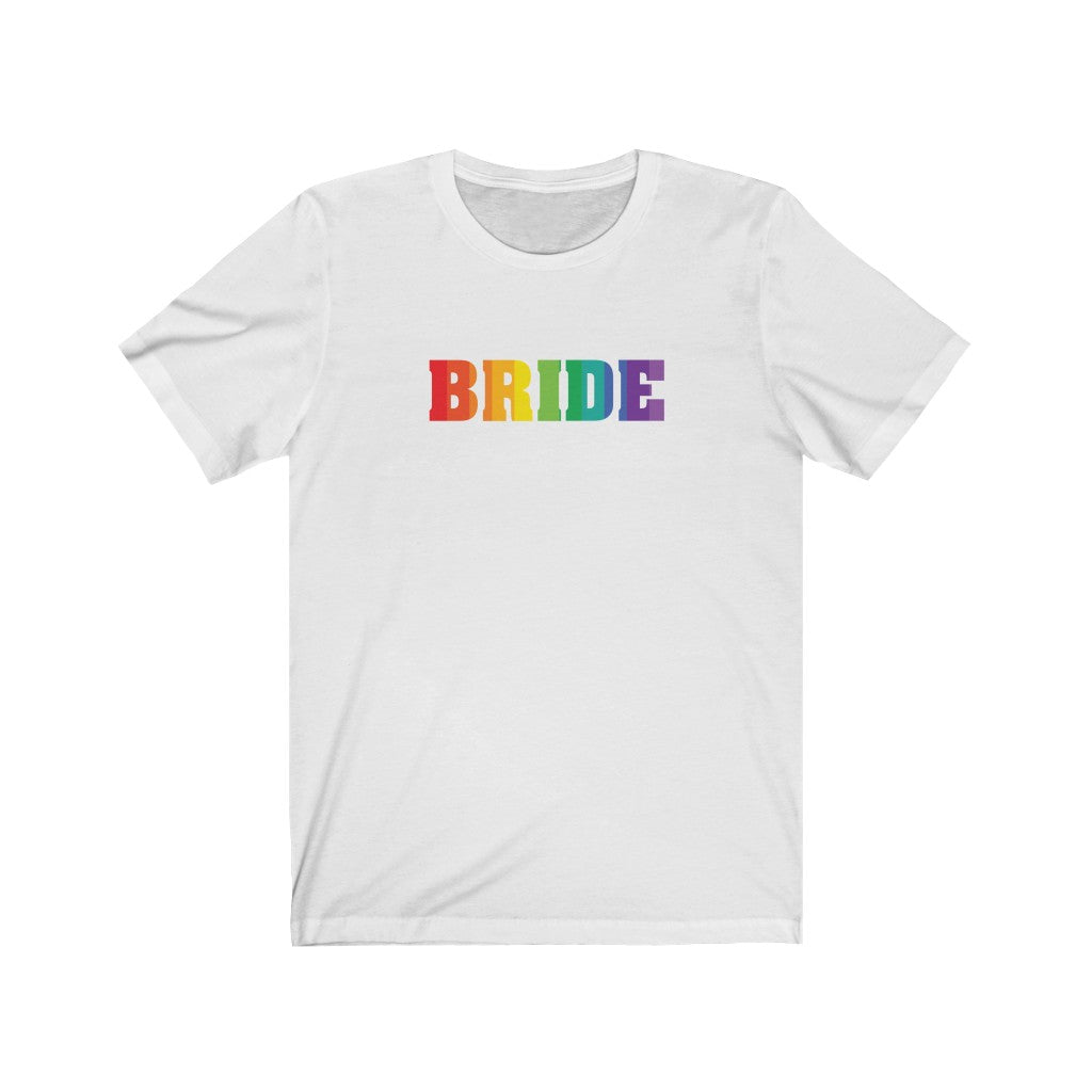 LGBTQ+ Wedding Day White Crewneck Tshirt with BRIDE in Vertical Stripe Rainbow Pride Colored Block Letters