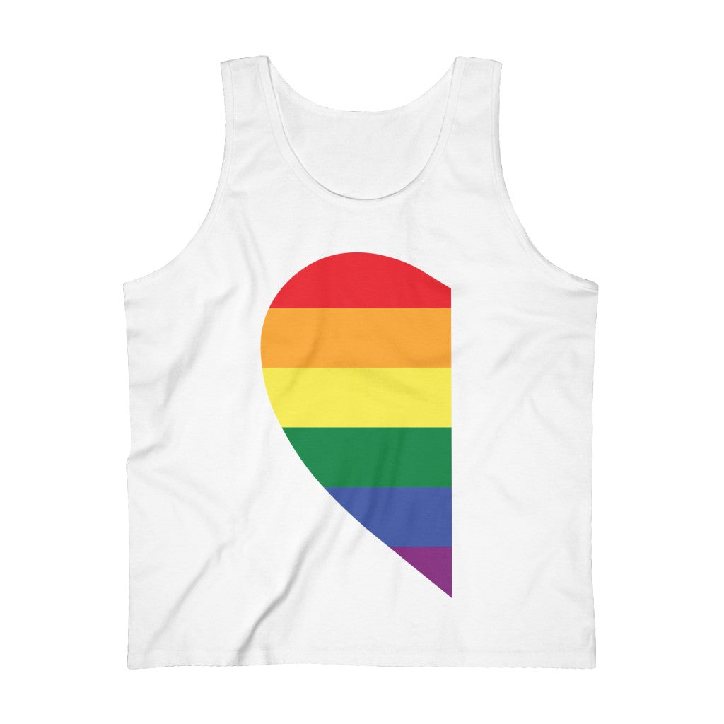 White Unisex Crewneck Tank Top - Left Half of LGBTQ+ Rainbow Pride Heart