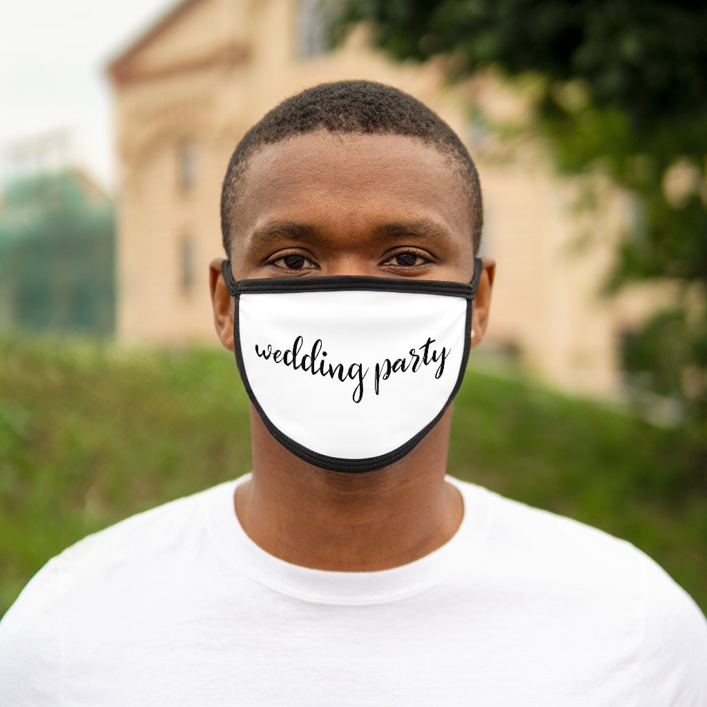 White Fabric Face Mask with Wedding Party in Black Cursive - Black Edges and Ear Loops - On Male Model