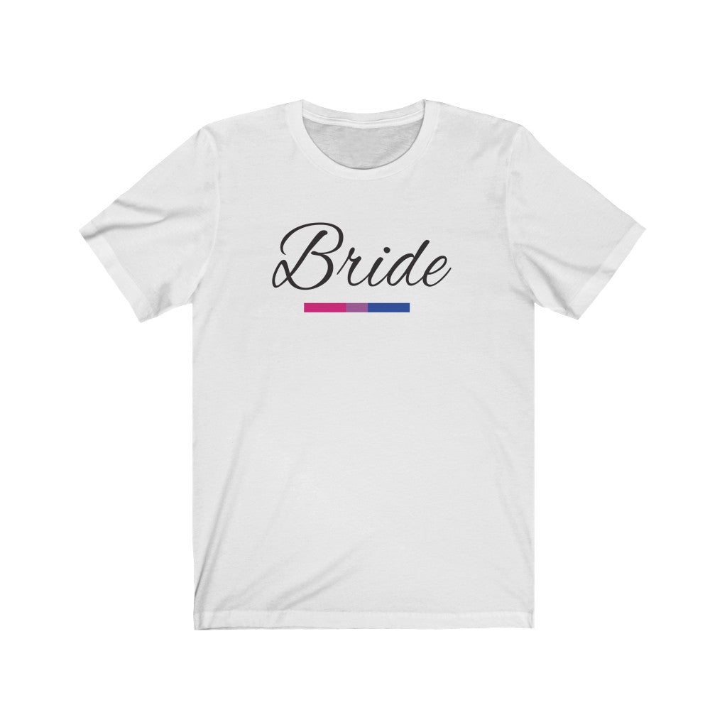 Wedding Day White Crewneck Tshirt with Bride in Black Cursive - Bi-sexual Pride Underline