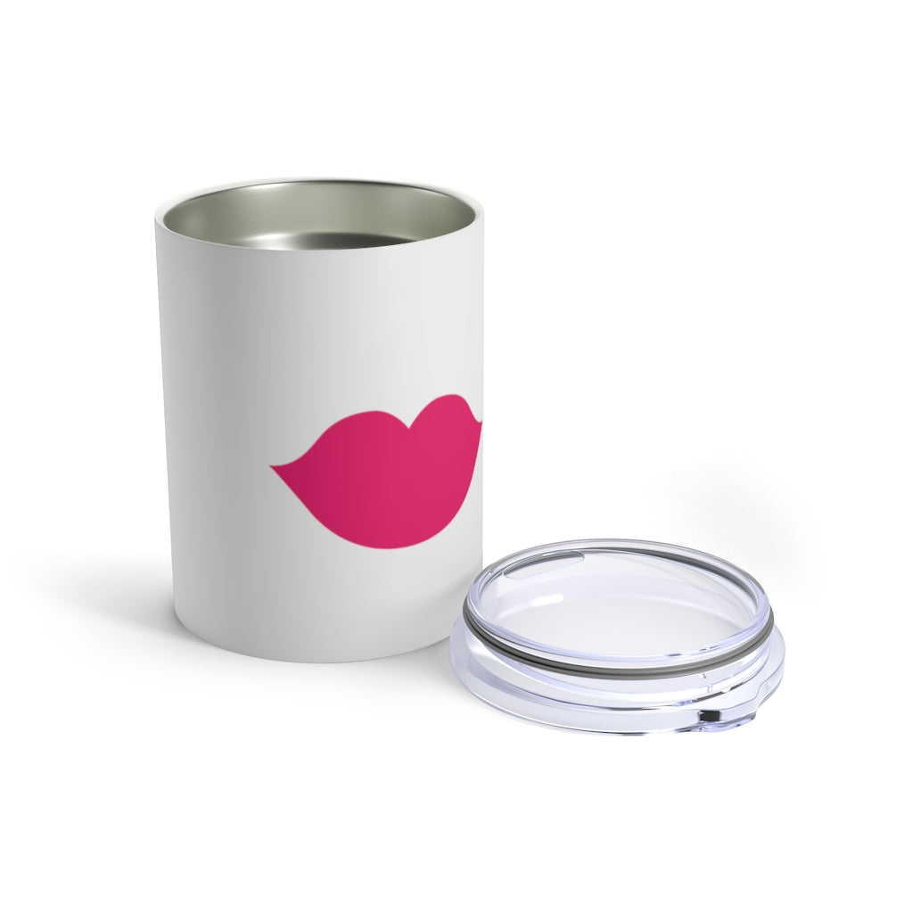 Stainless Steel White Tumbler with Pink Lips - Front View with Lid Off