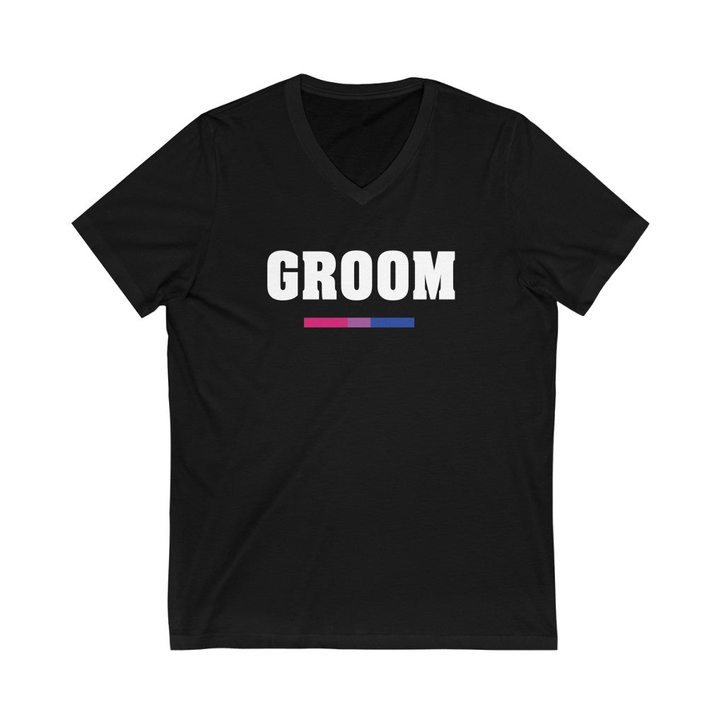 Wedding Day Black V-neck Tshirt with GROOM in White Block Letters - Bi-sexual Pride Colors Underline