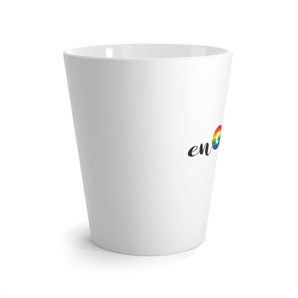 White Mug - enGAYged in Gray and LGBTQ+ Rainbow Block and Cursive Letters - Side View