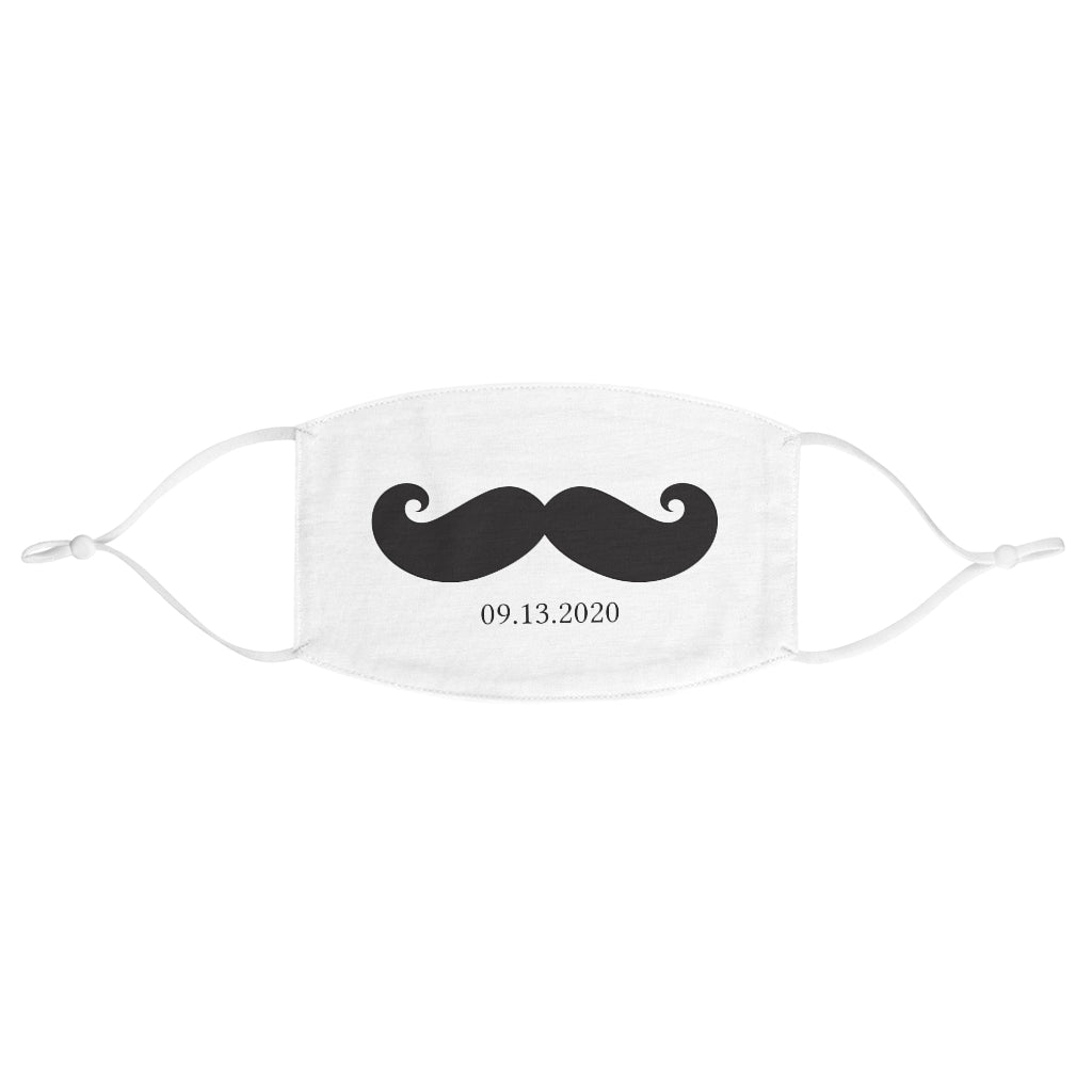 White Fabric Face Mask - Adjustable Ear Loops - Black Mustache - Customizable Date