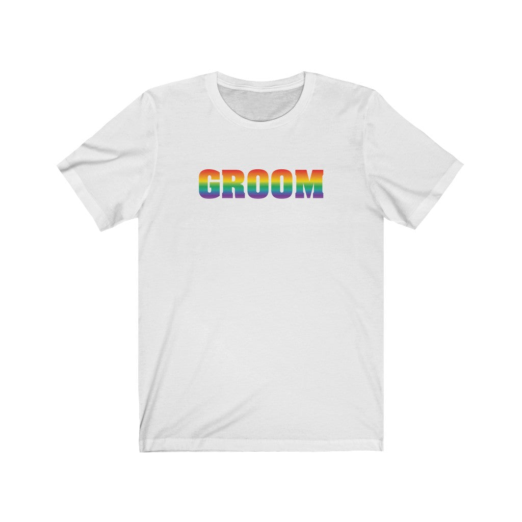Wedding Day White Crewneck Tshirt with GROOM in Rainbow Block Letters
