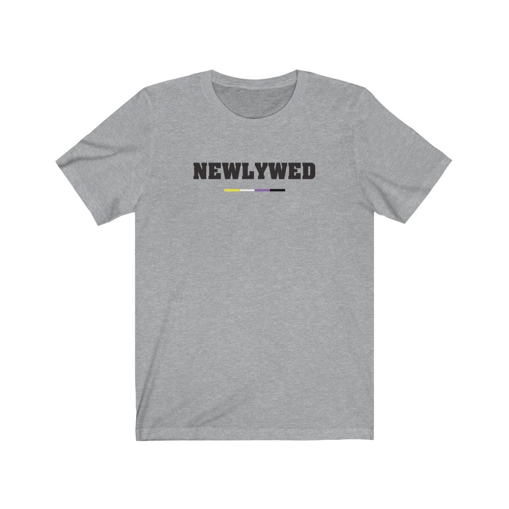 Athletic Heather Grey Crewneck Tshirt with Newlywed in Black Block Letters - Non-Binary Pride Underline