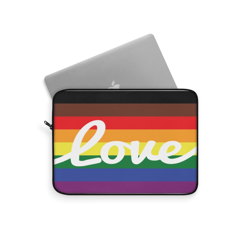 LGBT Pride Flag with Love in White Cursive - Laptop Sleeve - Laptop Peeking Out