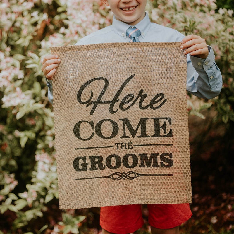 Here Come The Grooms Brown Burlap Banner with Child Close Up  - LGBTQ Wedding Day
