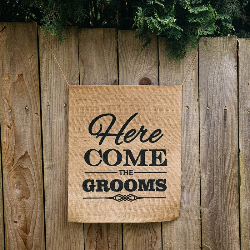 Here Come The Grooms Brown Burlap Banner on Fence - LGBTQ Wedding Day