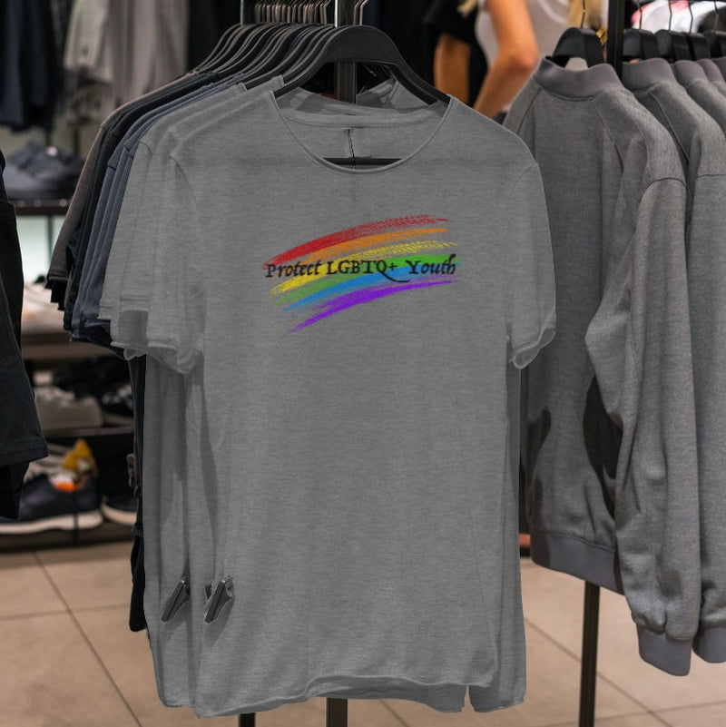 LGBTQ+ Pride Shirt - Support LGBTQ+ Youth  - Heather Grey shirts on hangers