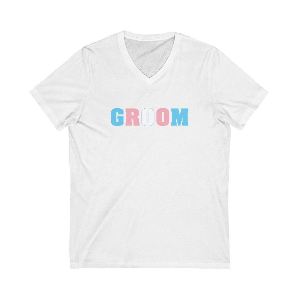 Wedding Day White V-Neck Tshirt with GROOM in Transgender Pride Colored Block Letters