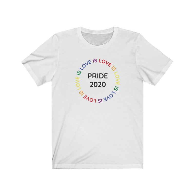 White Crewneck Tshirt with Love Is Love Rainbow Circle - LGBTQ+ Pride 2020