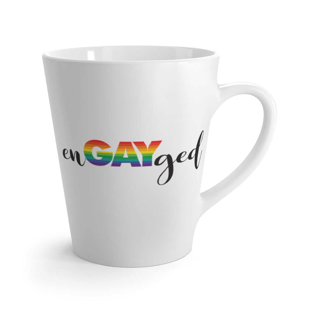 White Mug - enGAYged in Gray and LGBTQ+ Rainbow Block and Cursive Letters - Front View