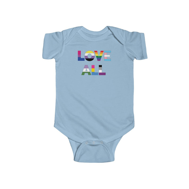 Light Blue Infant Bodysuit with LOVE ALL in Rainbow Block Letters