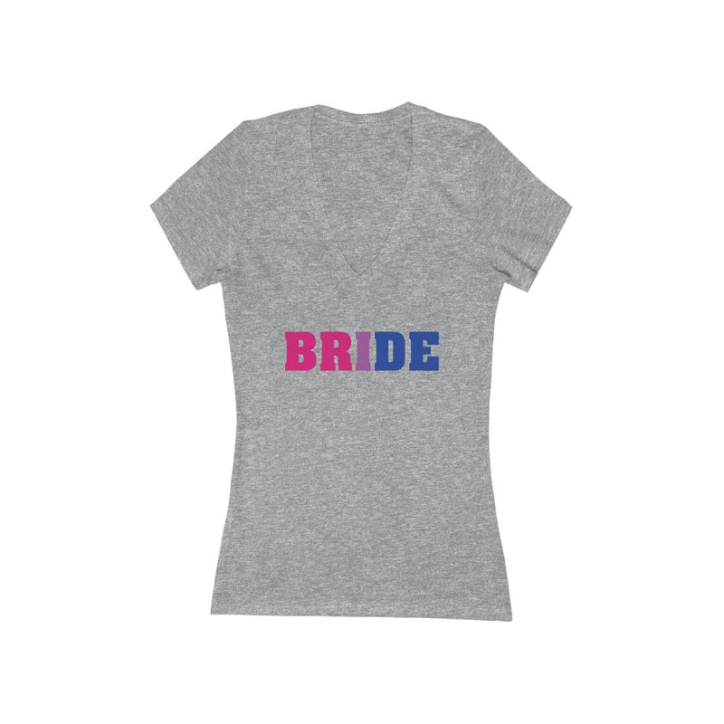 Athletic Heather Grey V-Neck Tshirt with BRIDE in Bi-sexual Pride Colored Block Letters 