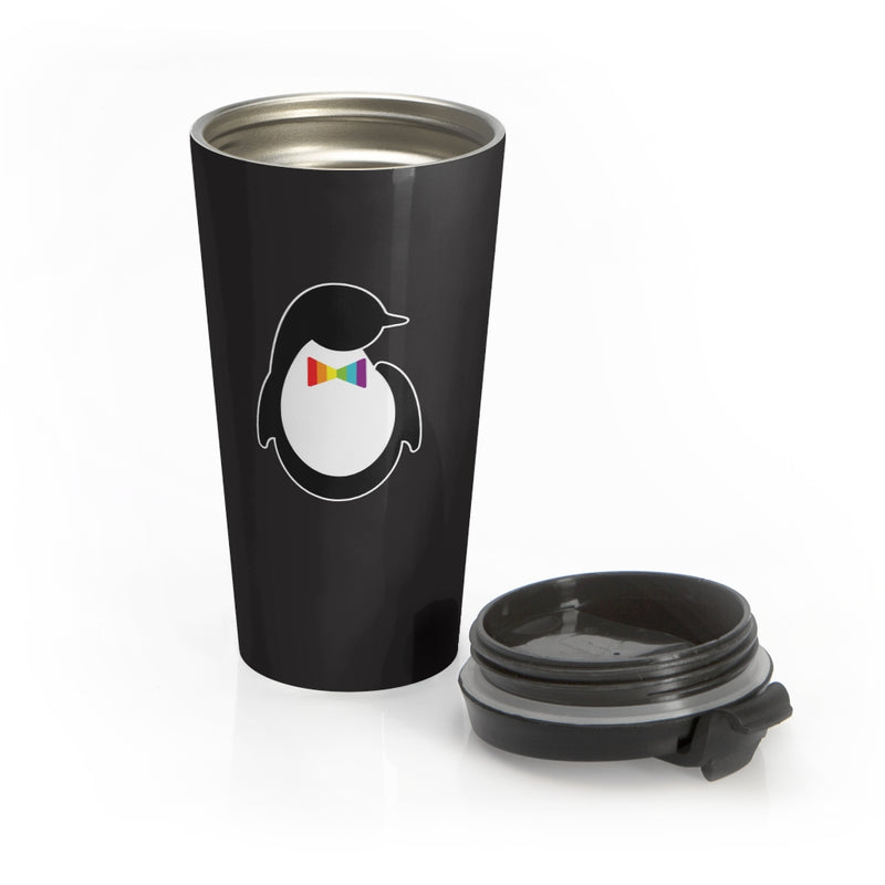 Black Stainless Steel Travel Mug with Dash of Pride Penguin Logo - Front View - Lid off