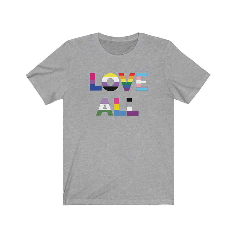 Athletic Heather Grey Crewneck Tshirt with Love All in LGBTQ+ Rainbow Block Letters