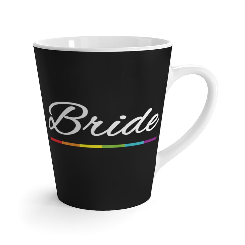 Black Mug with Bride in White Cursive and LGBT Rainbow Pride Underline - White Interior and Handle - Front View