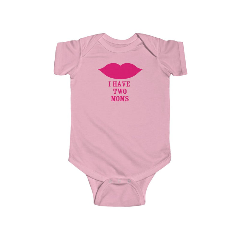 Pink Infant Bodysuit with Cartoon Lips - I Have Two Moms in Pink Lettering