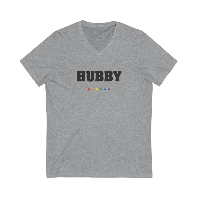 Athletic Heather Grey V-Neck with HUBBY in Black Block Letters - LGBTQ+ Rainbow Dot Underline