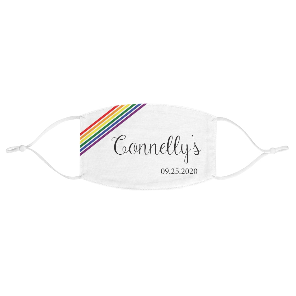 White Fabric Face Mask - Adjustable Ear Loops - Diagonal LGBTQ+ Rainbow Pride Stripes - Customizable with Last Name and Date