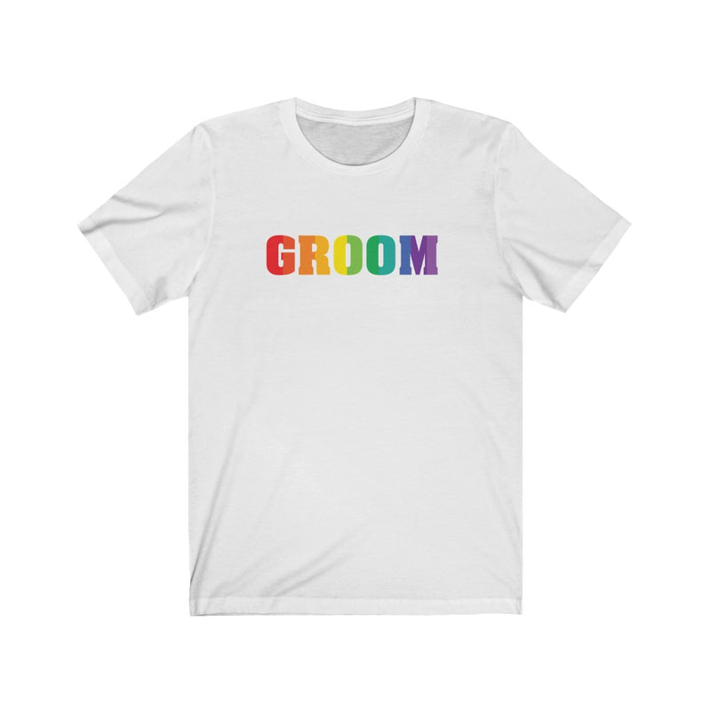 Wedding Day White Crewneck Tshirt with GROOM in Vertical Stripe Rainbow Block Letters