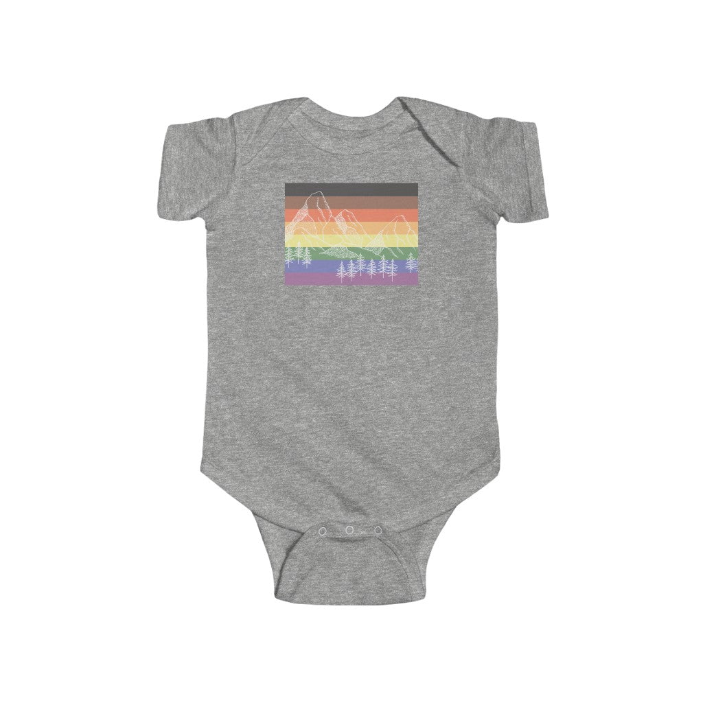 Heather Grey Infant Bodysuit - LGBTQ+ Rainbow Flag with Mountains and Trees