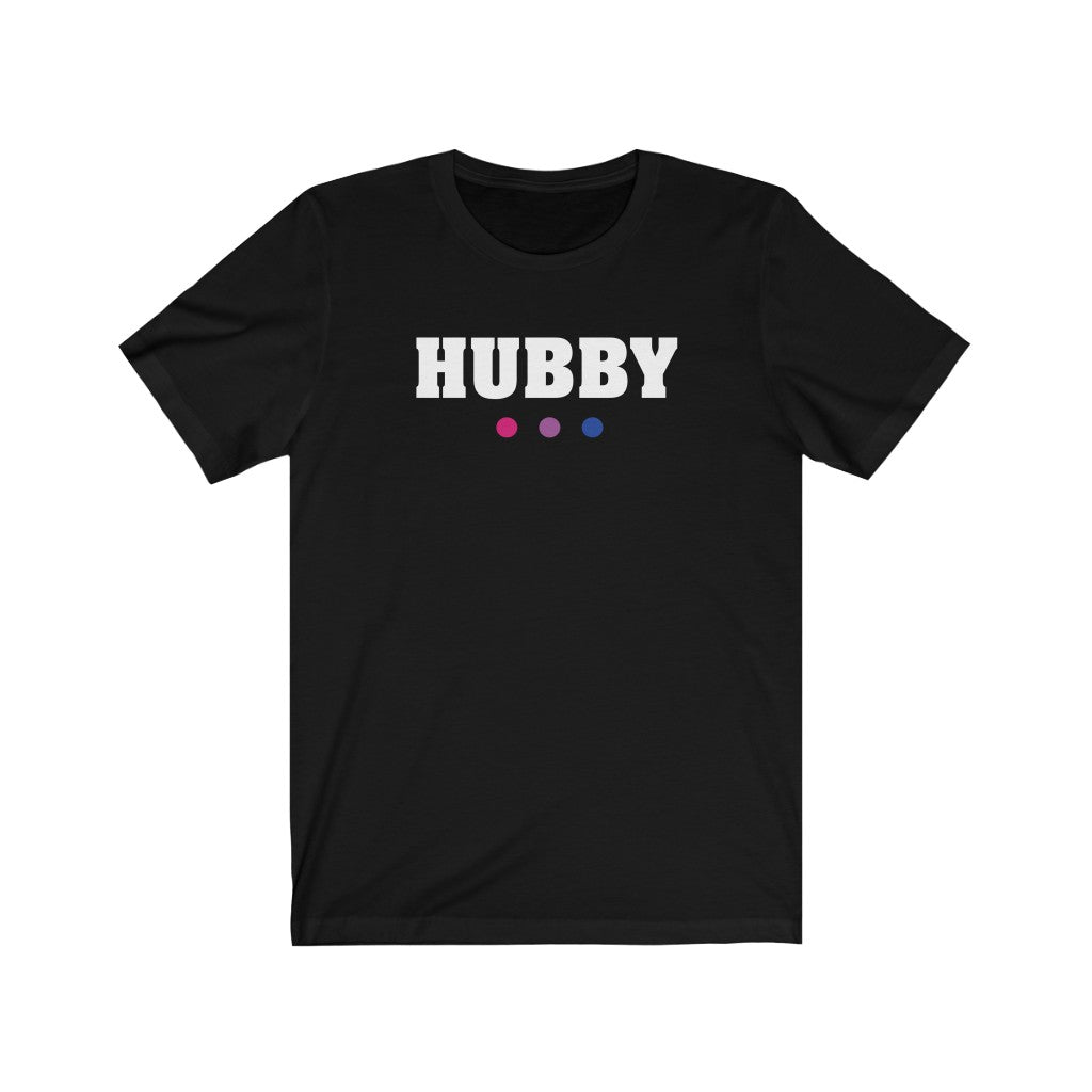 Black Crewneck Tshirt with HUBBY in White Letters - Bi-sexual Pride Color Dot Underline
