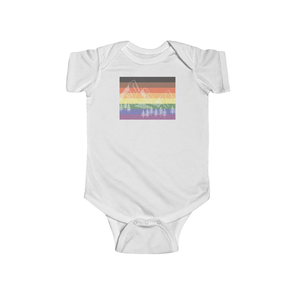White Infant Bodysuit - LGBTQ+ Rainbow Flag with Mountains and Trees