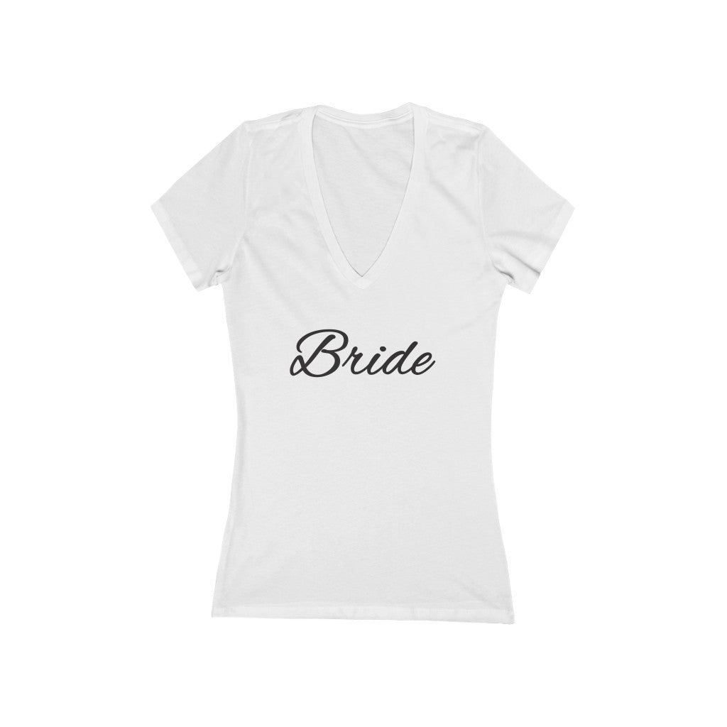 Wedding Day Fitted White V-neck Tshirt with Bride in Black Cursive 