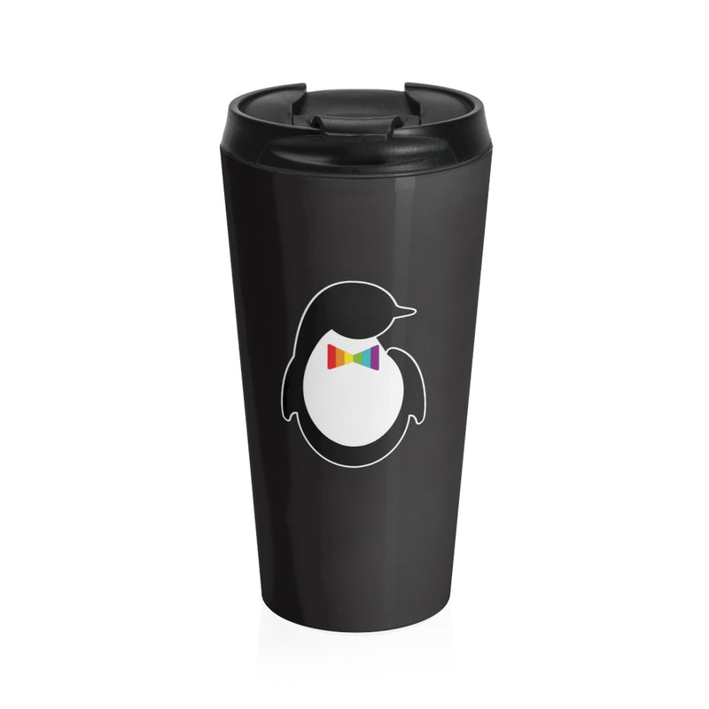 Black Stainless Steel Travel Mug with Dash of Pride Penguin Logo - Front View