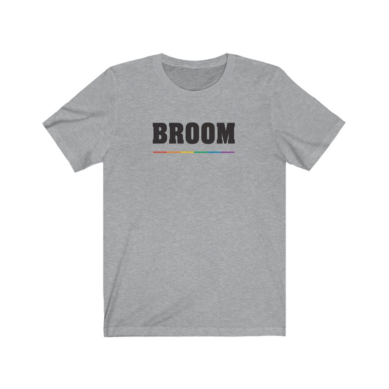 Athletic Heather Grey Crewneck Tshirt with BROOM in Black Block Letters - Rainbow Pride Underline