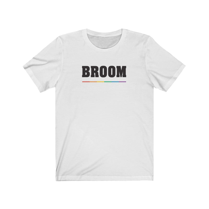 White Crewneck Tshirt with BROOM in Black Block Letters - Rainbow Pride Underline