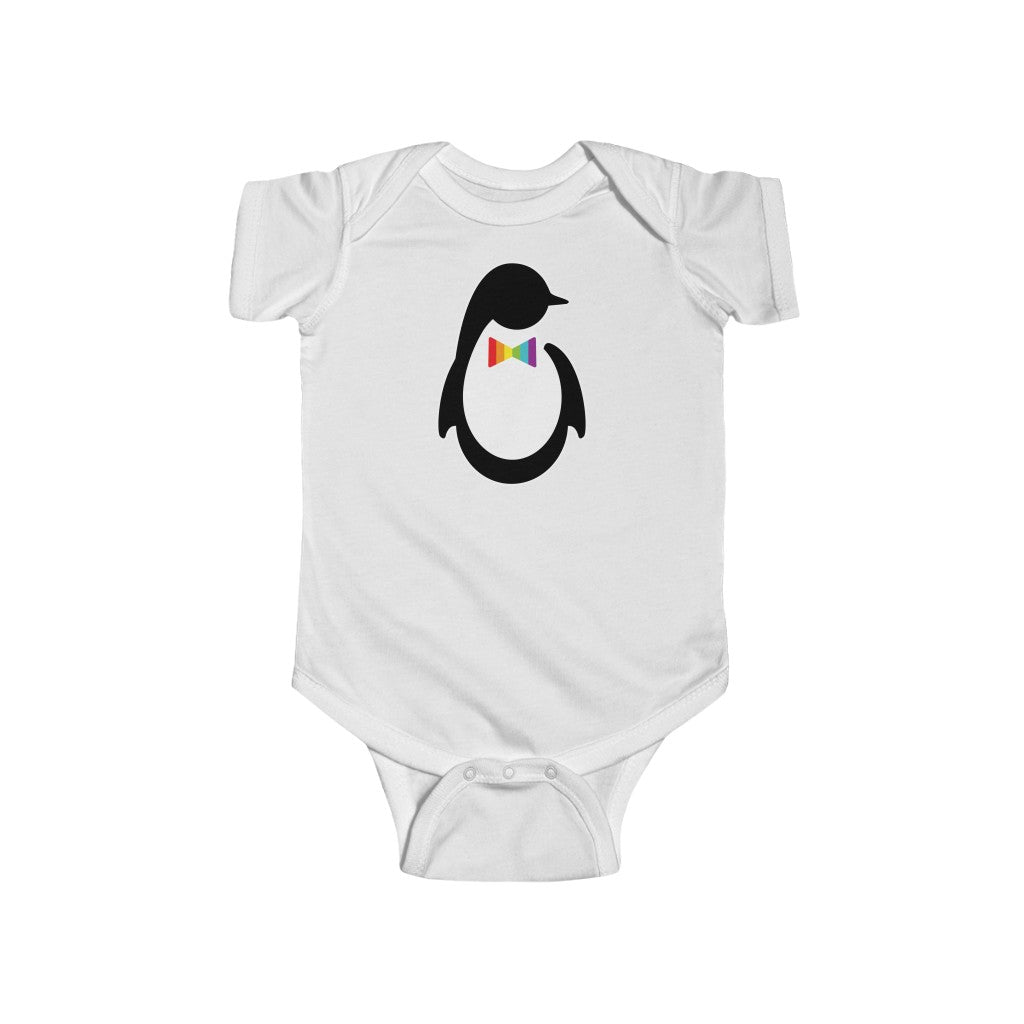 White Infant Bodysuit with Dash of Pride Penguin Logo