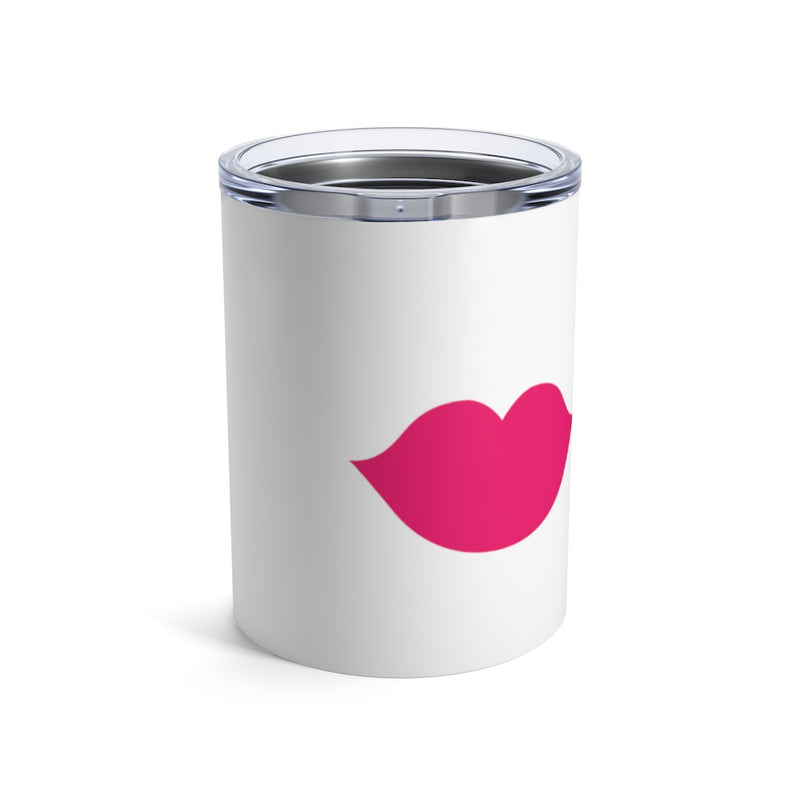 Stainless Steel White Tumbler with a Pink Lips - Front View with Lid On