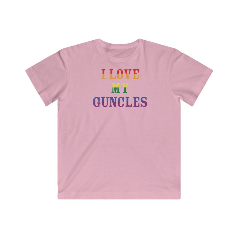 Kids Pink Crewneck Tshirt with I LOVE MY GUNCLES in Rainbow Text