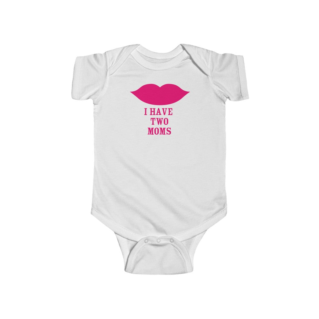 White Infant Bodysuit with Cartoon Lips - I Have Two Moms in Pink Lettering