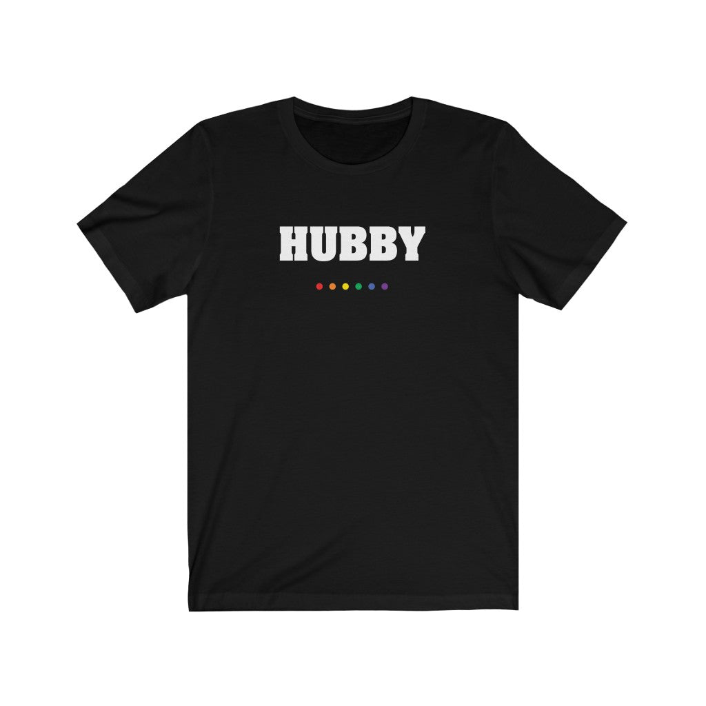 Black Crewneck Tshirt with HUBBY in White Block Letters - LGBTQ+ Rainbow Pride Dot Underline