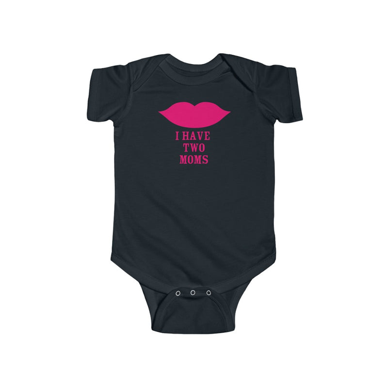 Black Infant Bodysuit with Cartoon Lips - I Have Two Moms in Pink Lettering