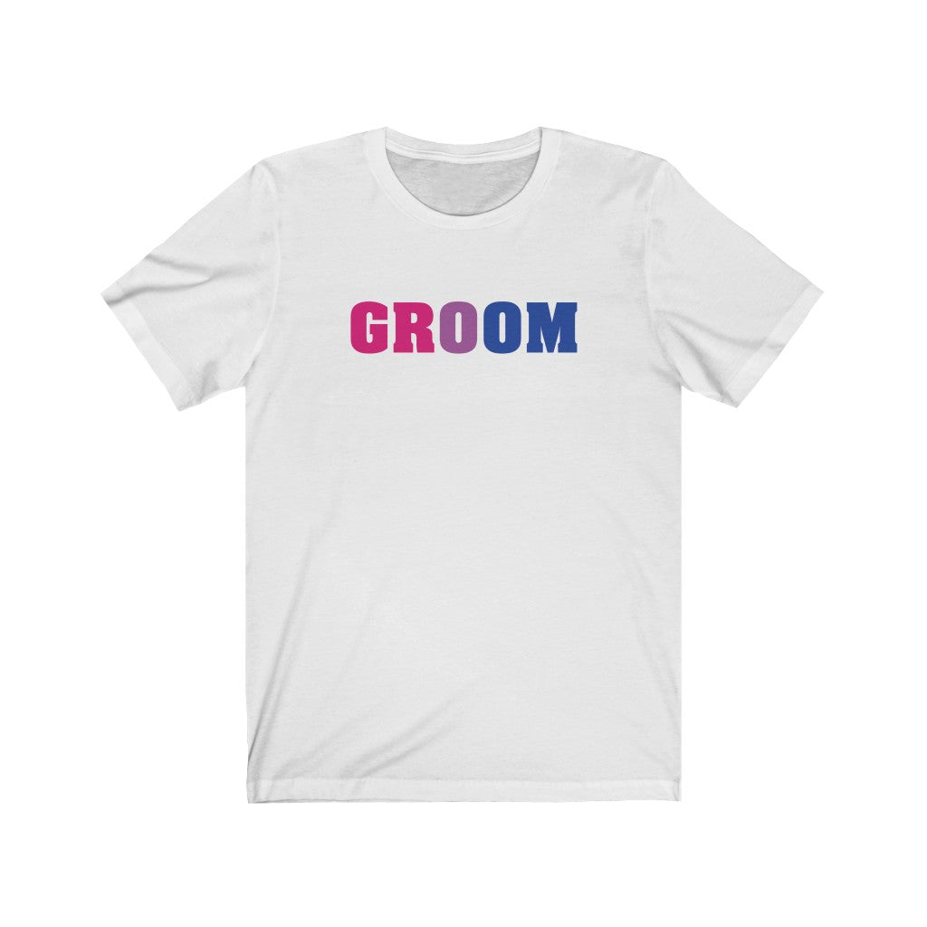 Wedding Day White Crewneck Tshirt with GROOM in Bi-sexual Pride Colored Block Letters 