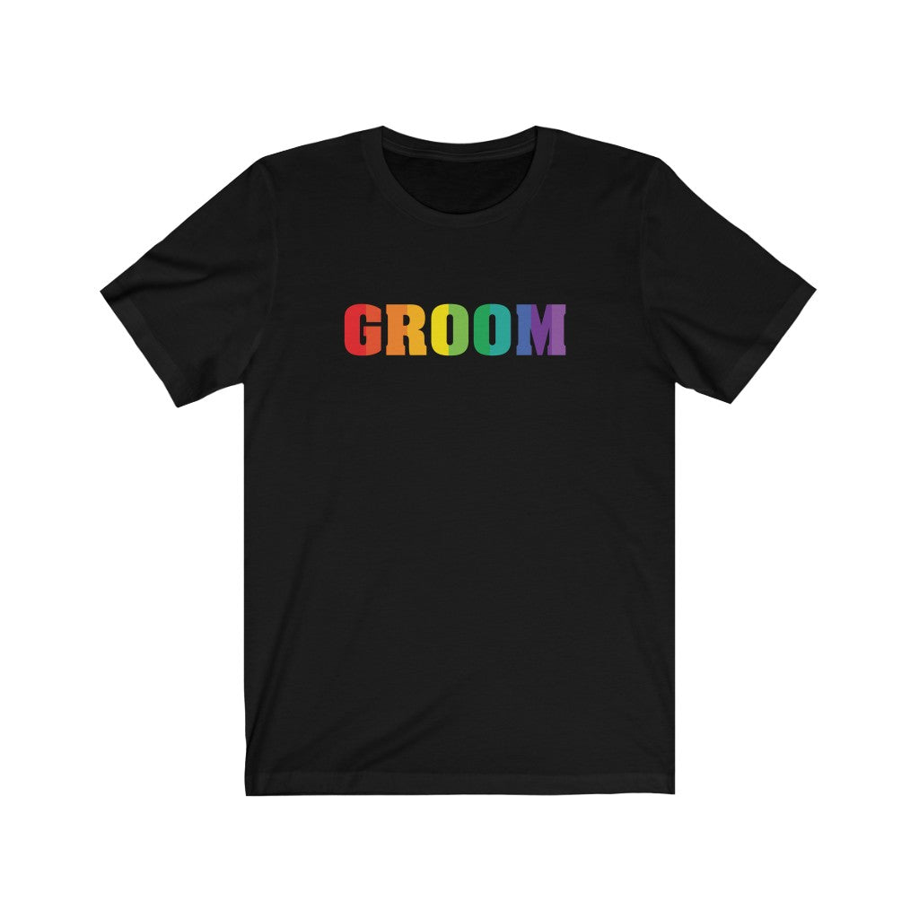 Wedding Day Black Crewneck Tshirt with GROOM in Vertical Stripe Rainbow Block Letters