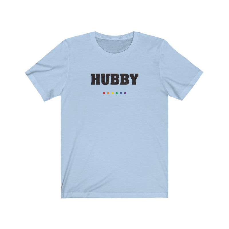 Baby Blue Crewneck Tshirt with HUBBY in Black Block Letters - LGBTQ+ Rainbow Pride Dot Underline