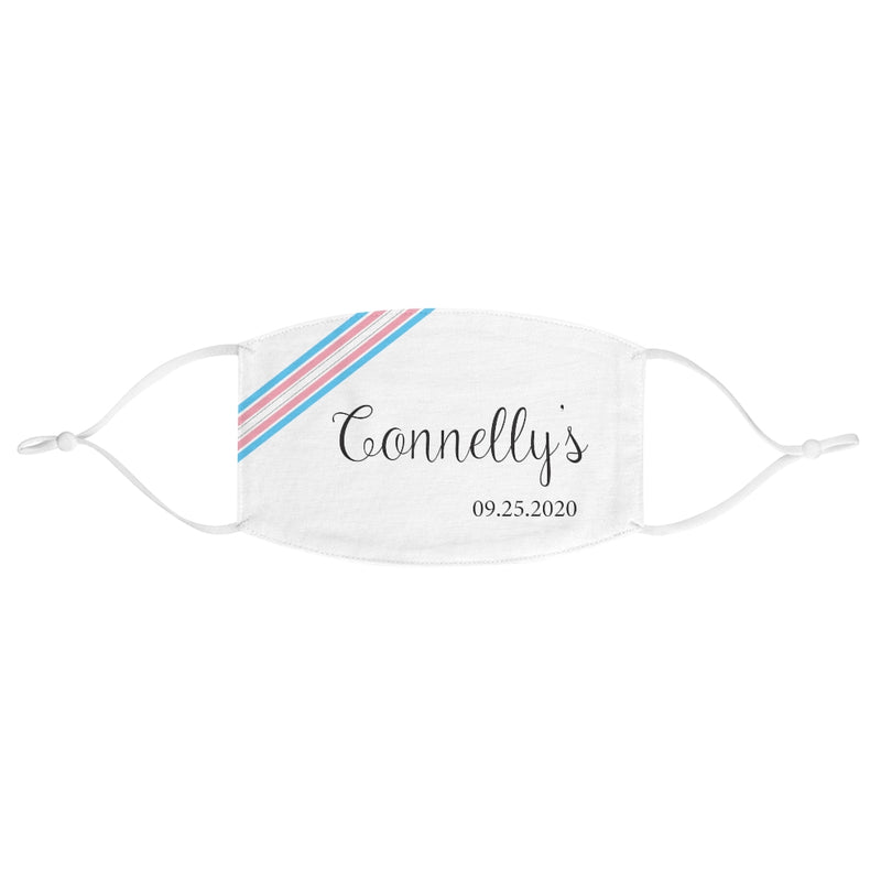 White Fabric Face Mask - Adjustable Ear Loops - Diagonal Transgender Pride Stripes - Customizable with Last Name and Date
