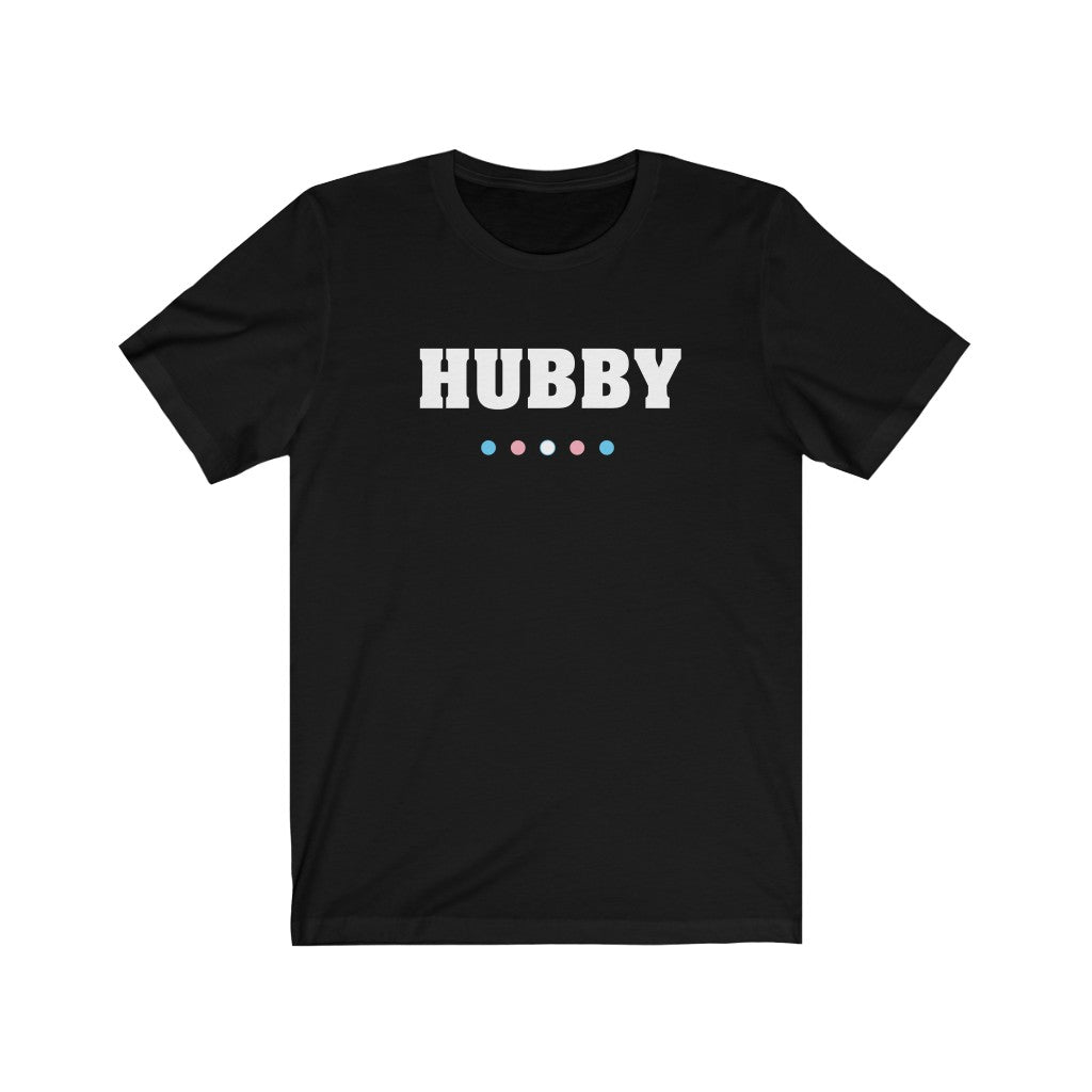 Black Crewneck Tshirt with HUBBY in White Block Letters - Transgender Pride Dot Underline