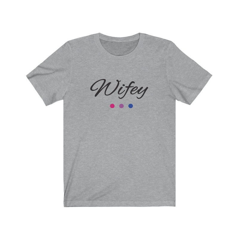 Athletic Heather Grey Crewneck Tshirt with Wifey in Black Cursive - Bi-sexual Pride Color Dot Underline