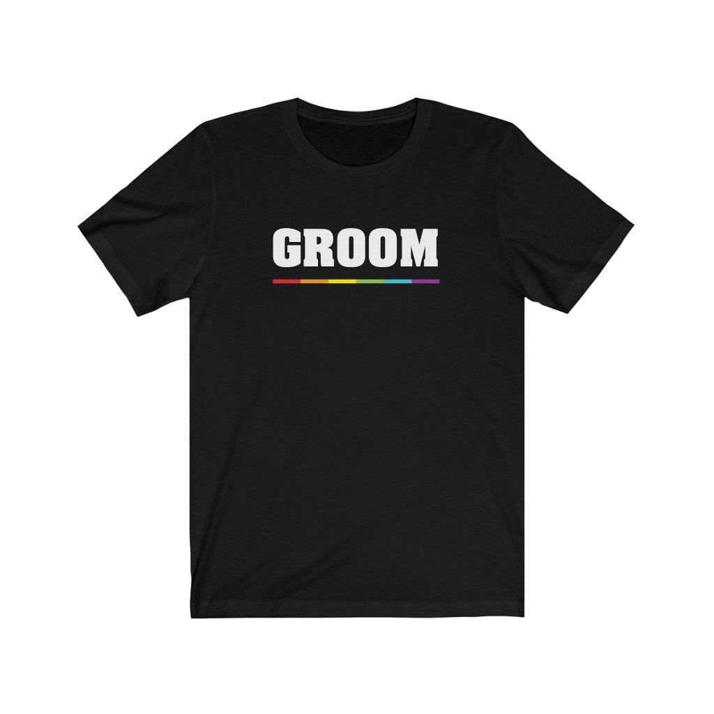 Wedding Day Black Crewneck Tshirt with GROOM in White Block Letters - LGBTQ+ Rainbow Pride Underline