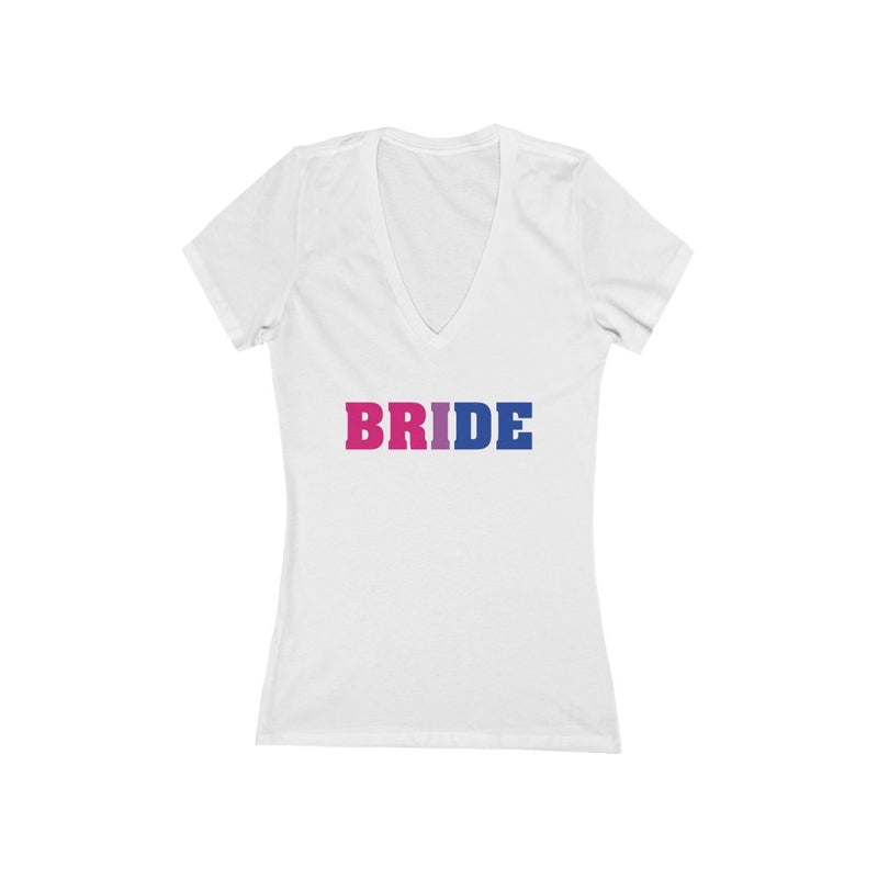 White V-Neck Tshirt with BRIDE in Bi-sexual Pride Colored Block Letters 
