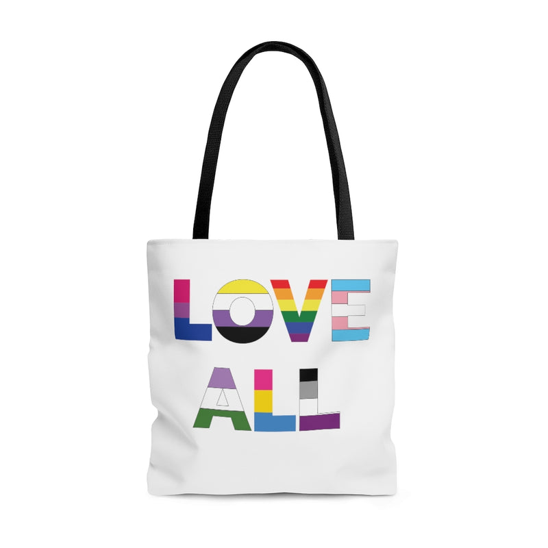 White Tote with Love All in LGBTQ+ Rainbow Block Letters - Black Handles - Front View