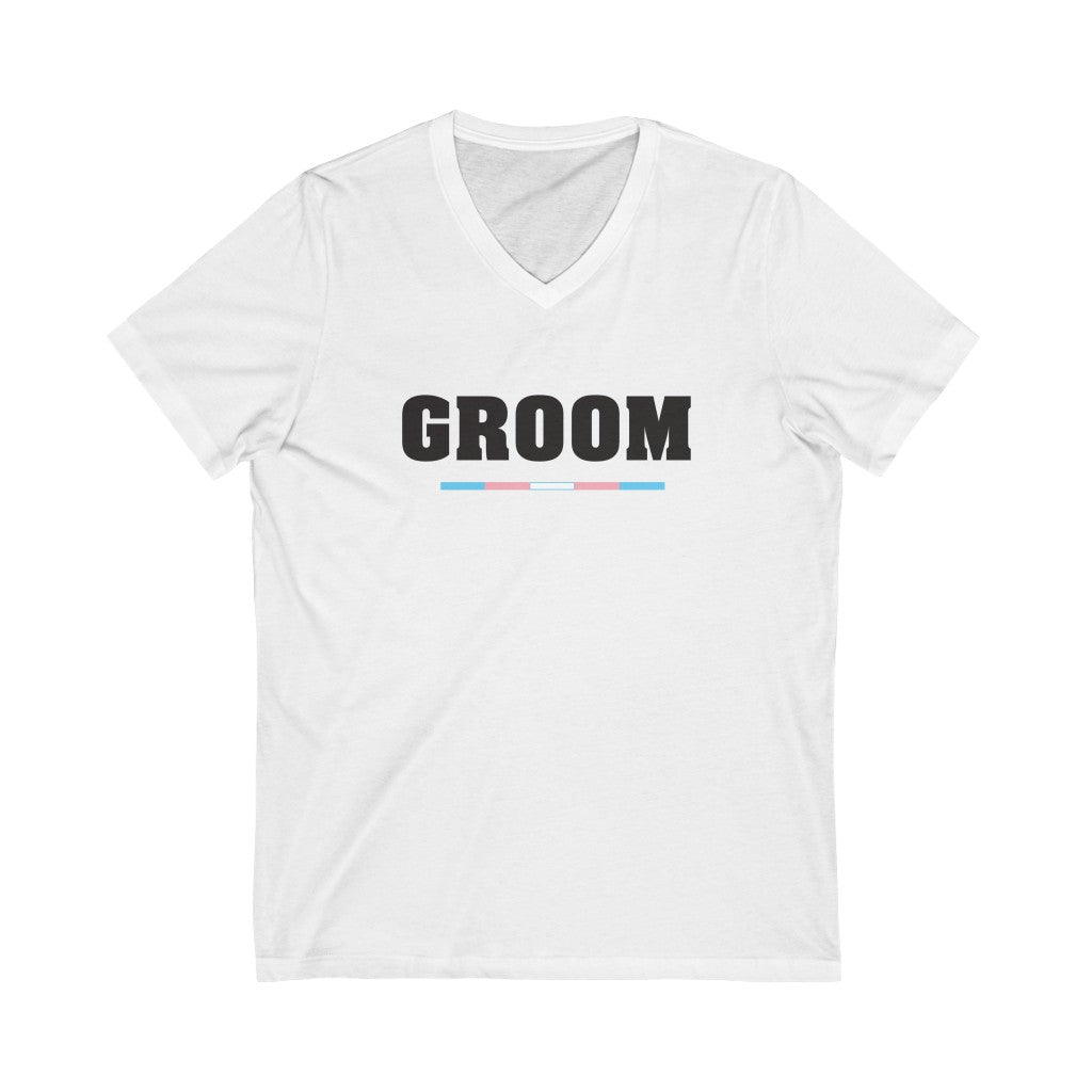 Wedding Day White V-Neck Tshirt with GROOM in Black Block Letters - Transgender Pride Underline